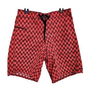 Patagonia Mens 31 Board Shorts Red Black Geometric Arrow Print Swim Trunks